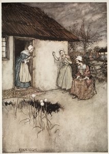 Le brave mogli del villaggio non mancavano mai, nelle loro chiacchiere serali, di dare tutta la colpa a Dame Van Winkle, da Rip Van Winkle di Washington Irving, pub. 1910 da Arthur Rackham