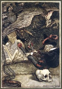 Il piccolo uomo si era seduto al centro del cerchio sul grande teschio, da Le leggende di Ingoldsby, pub. 1907 da Arthur Rackham