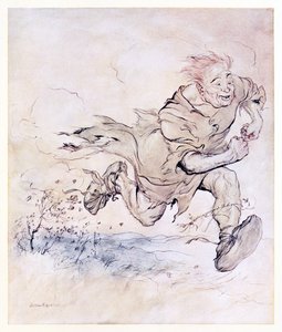 Il rumore dei suoi grandi stivali divenne continuo come il ticchettio della grandine su un tetto, e il vento del suo passaggio abbatté gli alberi. da Il Carl del Cappotto Grigio in Fiabe irlandesi da Arthur Rackham