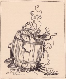 La malvagia suocera fu messa in una botte piena di olio bollente e serpenti velenosi. Illustrazione di Arthur Rackham dalla fiaba dei Grimm, I Dodici Fratelli, pubblicata alla fine del XIX secolo. da Arthur Rackham