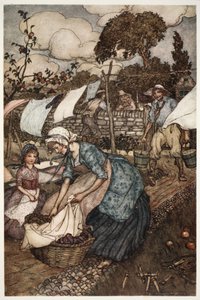 Le donne del villaggio lo impiegavano per fare quei piccoli lavoretti che i loro mariti meno disponibili non avrebbero fatto per loro, da Rip Van Winkle di Washington Irving, pub. 1910 da Arthur Rackham