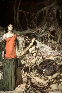Il corteggiamento di Grimhilde, la madre di Hagen da Arthur Rackham