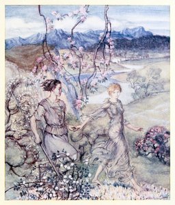Poi andarono mano nella mano nel paese che profuma di fiori di melo e miele. da La nascita di Bran in Fiabe irlandesi da Arthur Rackham