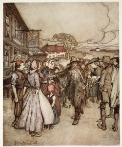 Lo circondarono, osservandolo dalla testa ai piedi con grande curiosità, da Rip Van Winkle di Washington Irving, pub. 1910 da Arthur Rackham