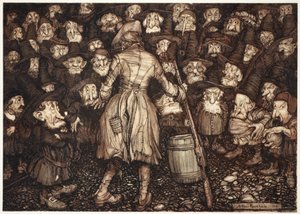 Lo fissavano con uno sguardo così fisso, simile a una statua, che il suo cuore si girò dentro di lui e le sue ginocchia si scontrarono., da Rip Van Winkle di Washington Irving, pub. 1910 da Arthur Rackham
