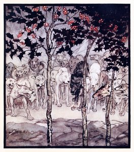 Stavano fuori, pieni di ferocia e terrore. da La grotta incantata di Cesh Corran in Fiabe irlandesi da Arthur Rackham
