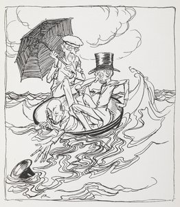Tre uomini in una ciotola sul mare da Arthur Rackham