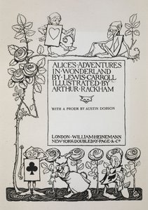 Pagina del titolo con un cespuglio di rose, il Coniglio Bianco e uomini vestiti da carte da Arthur Rackham