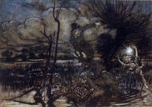 Due personaggi non riescono ad annegare nella palude, Puck li aiuta con un fuoco. Illustrazione di Arthur Rackham per Il Sogno di una Notte di Mezza Estate di William Shakespeare da Arthur Rackham