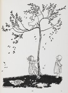 Due bambini cercano di far scendere un gatto da un albero da Arthur Rackham