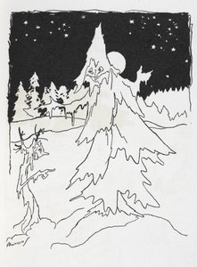 Due uomini-albero in un bosco innevato