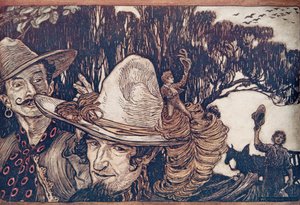 Quando Tom ebbe detto addio a suo padre, andarono via con lui, da Le fiabe dei fratelli Grimm, pub. 1909 da Arthur Rackham