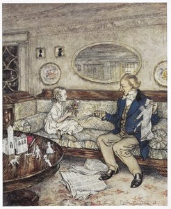 "Perché i miei fiori sembrano così sbiaditi oggi?" Illustrazione a colori che mostra una giovane ragazza, Ida, seduta su un divano con un giovane uomo, uno studente, che tiene un paio di forbici. da Arthur Rackham
