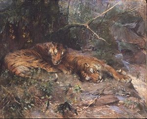 Tigri che riposano vicino a un ruscello da Arthur Wardle
