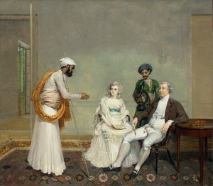 Ritratto del giudice Suetonius Grant Heatly e Temperance Heatly con i loro servitori indiani, in un interno a Calcutta, c.1786
