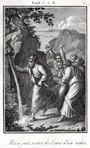 Bibbia - Mosè colpisce la roccia e ne esce acqua Esodo (incisione) da Artist Unknown
