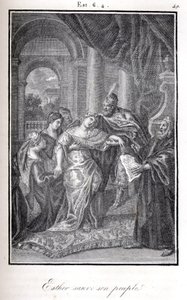 Bibbia, Ester salva il suo popolo dicendo ad Assuero che Haman aveva intenzione di ucciderla (incisione) da Artist Unknown