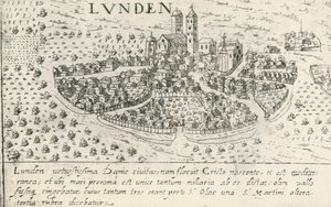 La città di Lund, che apparteneva alla Danimarca nel Medioevo, incisione da Artist Unknown