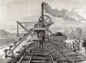 Costruzione del Canale di Panama. Lavori di dragaggio nel villaggio di Culebra. Disegno originale di Meltor Prior. Immagine pubblicata in "The Illustrated London News". Incisione.