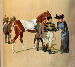 Corse di cavalli: gli ultimi consigli prima della corsa, inizio del XX secolo (stampa) da Artist Unknown
