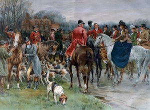 Caccia in Inghilterra. Uomini in costume da caccia e donne a cavallo di un