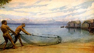Abitanti del lago che pescano, Uomo preistorico (stampa)