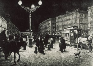 Madrid (1878). La Puerta del Sol illuminata con luce elettrica. Immagine da un disegno di Pellicer per "La Ilustracion Española y Americana". Incisione.