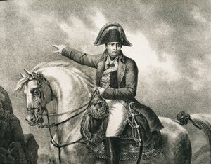 NAPOLEONE I Bonaparte (1769-1821). Militare e politico francese, Imperatore di Francia (1804-1815). Dettaglio di un ritratto equestre di Napoleone, ispirato al ritratto originale di Joseph Chabord. Incisione