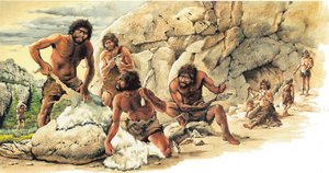 Preistoria Periodo paleolitico: Cacciatori che utilizzano la pelle dei beti uccisi e costruiscono utensili e armi (lancia).