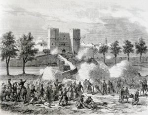Spagna (1868). Gloriosa Rivoluzione. Attacco delle truppe governative alla Porta dei Serrani a Valencia. Incisione da 