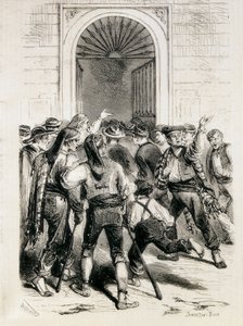 Spagna (1873). Proclamazione della Prima Repubblica e assalto al municipio di Barcellona (11 febbraio 1873). Acquaforte.