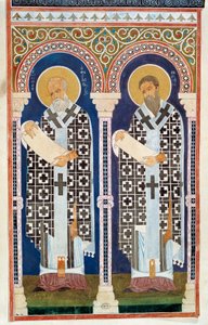 San Gregorio di Nissa e San Basilio Magno, padri della Chiesa ortodossa greca, incisione, IV secolo