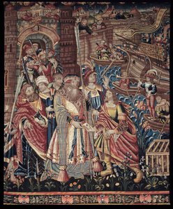 Il navigatore portoghese Vasco de Gama (1459-1524) arrivò a Calicut in India nel 1498, dettaglio, arazzo da Artist Unknown