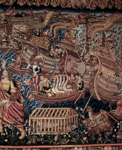 Il navigatore portoghese Vasco de Gama (1459-1524) arrivò a Calicut in India nel 1498, dettaglio, arazzo da Artist Unknown