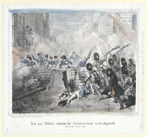 Il militare k. k. assalta la Sternbarrikade nella Jaegerzeile il 28 ottobre 1848