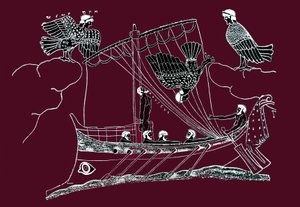 Ulisse e le sirene cercano di attirare la nave dei marinai. Ulisse si attacca alla stuoia della sua barca e boccheggia con le orecchie dei suoi compagni. Disegno tratto da un dipinto su vaso.