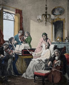 Wolfgang Amadeus Mozart (1756-1791) morente, dirige un gruppo di musicisti per il Requiem appena terminato (Mozart (1756-1791) nei suoi ultimi giorni di vita dirige un gruppo di musicisti per il Requiem)