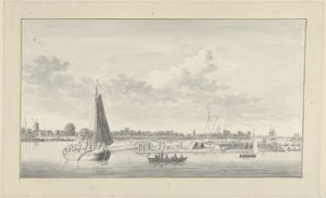 Grande zattera e varie navi sulla Merwede presso la casa de Merwe vicino a Dordrecht da Ary van Wanum