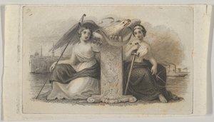 Vignetta di banconota con figure femminili che rappresentano Libertà e Giustizia da Asher Brown Durand.