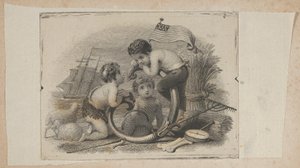 Vignetta di banconota con tre putti come pastore, contadino e marinaio