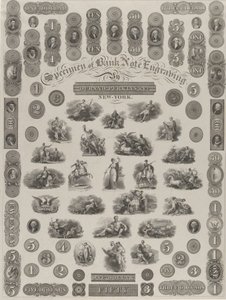 Foglio di esempio di incisione di banconote, ca. 1828 da Asher Brown Durand