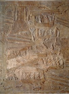 Arte mesopotamica (Assiria): cortile del palazzo del re di Assiria Sargon II (721 - 705 a.C.) trasporto di legno di cedro dal Libano da Assyrian