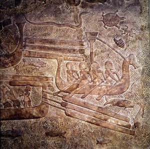 Spedizione navale: trasporto di legname dal Libano lungo la costa fenicia. Rappresentazione di una nave fenicia con una sola fila di rematori. Bassorilievo di Khorsabad, VIII secolo a.C. Periodo neo-assiro (circa 1000-612 a.C.), Mesopotamia. Museo del Louv da Assyrian