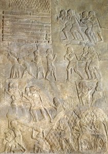 Rilievo che raffigura portatori che portano legna alla costa per il trasporto via mare dal Palazzo di Sargon II, Khorsabad, Iraq