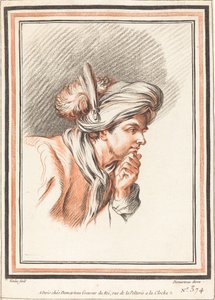 Testa di un uomo con turbante piumato da Atelier of Gilles Demarteau the Elder after Carle Van Loo