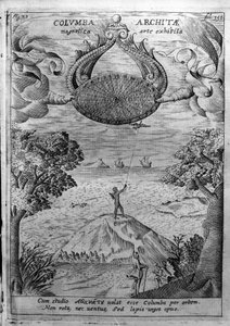 Archita di Taranto (435-347 a.C.) fa volare una colomba di legno. Incisione da 
