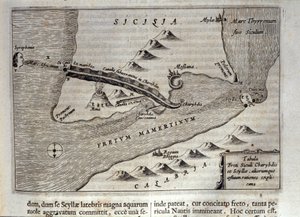 Rappresentazione cartografica di Cariddi e Scilla nello Stretto di Messina, Sicilia. Incisione da 