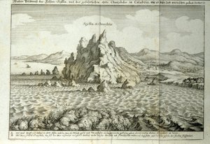 Veduta delle rocce di Cariddi e Scilla nello Stretto di Messina, Sicilia. Incisione da 