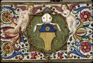Messale di Thomas James: particolare dello stemma del commissario, "Or, su un capo azzurro una rosa Or".