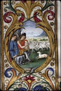 Messale di Thomas James: particolare di un medaglione a margine: pastori.